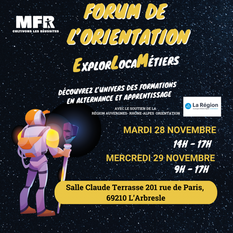 Affiche forum de l'orientation des MFR du Rhône les 28 et 29 novembre 2023