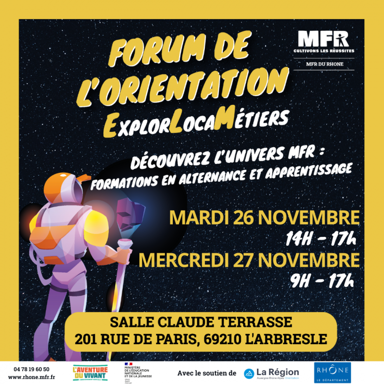 Affiche forum de l'orientation des MFR du Rhône les 26 et 27 novembre 2024